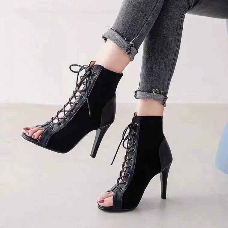 Giày Bốt Cao Gót Hở Mũi Cột Dây Kiểu Âu Mỹ Thời Trang Dự Tiệc Quyến Rũ