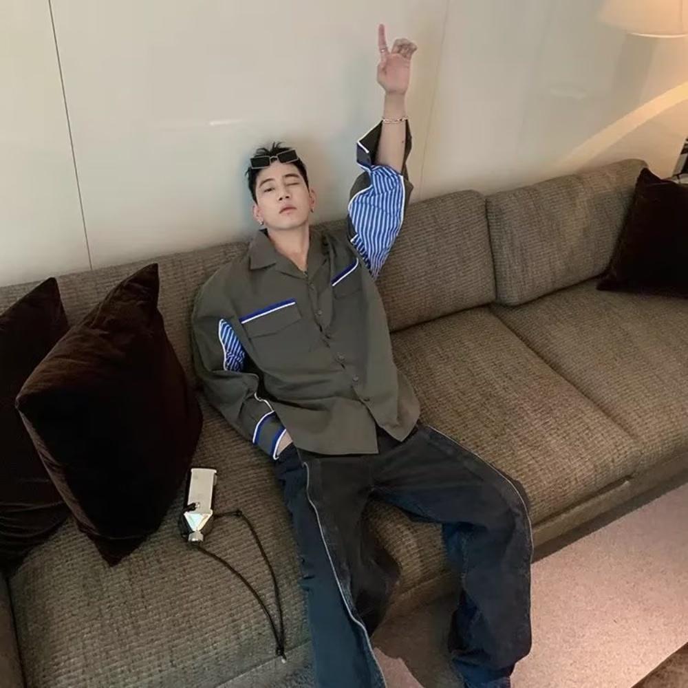 Áo Sơ Mi Chất Liệu Cotton Dày Dặn Họa Tiết Kẻ Sọc Màu Xanh Lá Thời Trang Mùa Thu Phong Cách Hàn Quốc