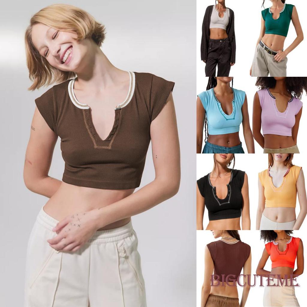 Áo Thun Crop Top Ôm Dáng Cổ Chữ V Màu Sắc Tương Phản Thời Trang Mùa Hè Cho Nữ