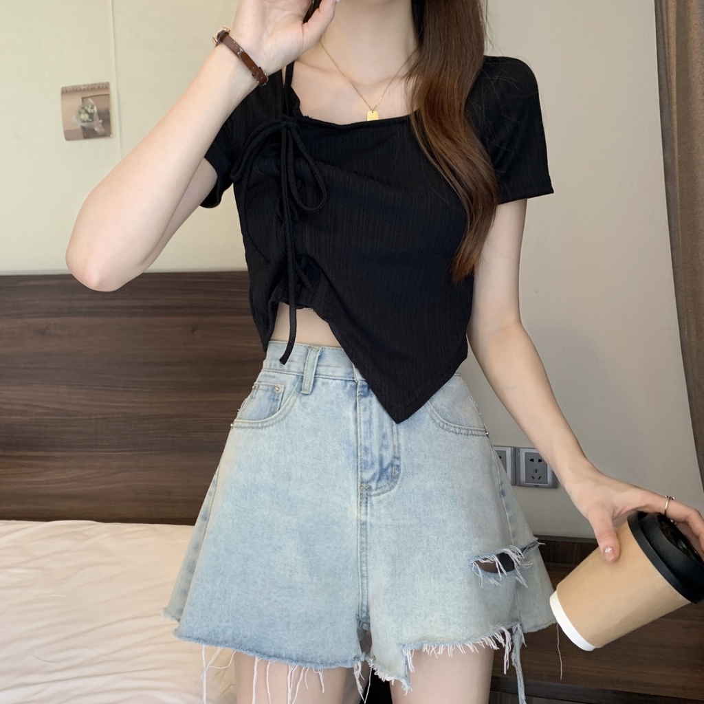 Áo Thun Ngắn Tay Phối Dây Rút Thời Trang Mùa Hè Dành Cho Nữ