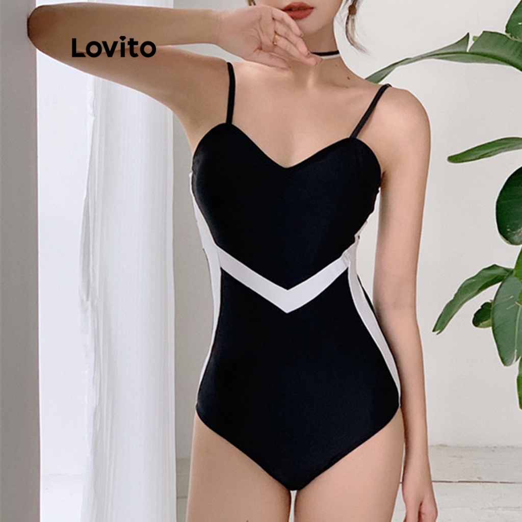 Đồ bơi một mảnh Lovito khối màu hình học cơ bản cho nữ L48AD014 (màu đen)