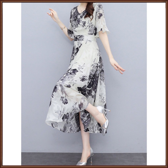 Đầm Midi Tay Ngắn Cổ Chữ V In Họa Tiết Hoa Thời Trang Cho Nữ