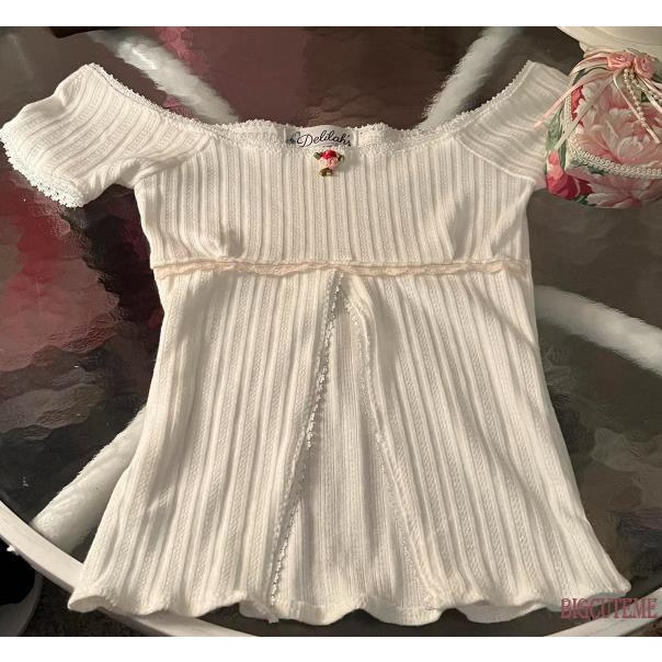 Áo Thun Tay Ngắn Dệt Kim Phối Ren Hoa Nhỏ y2k Thời Trang Mùa Hè 2000s Cho Nữ