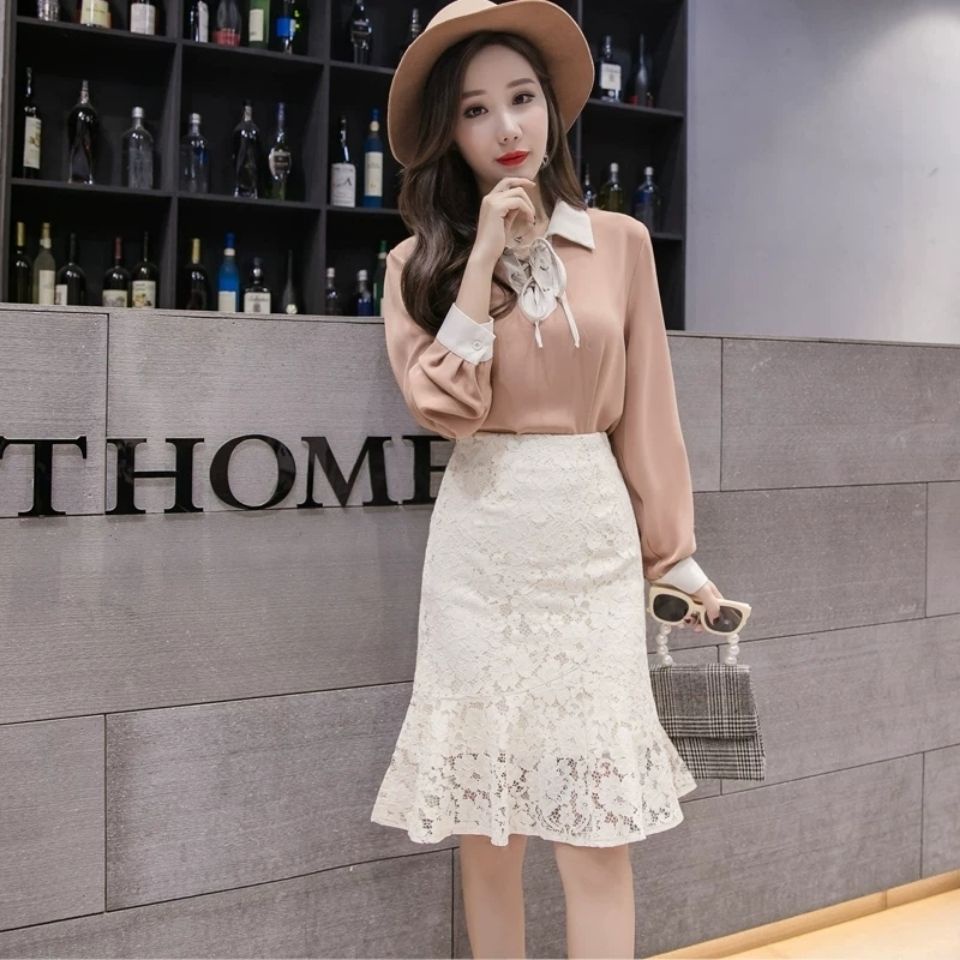 Chân Váy Đuôi Cá Lưng Cao Phối Ren Phong Cách Hàn Quốc Thời Trang Cho Nữ