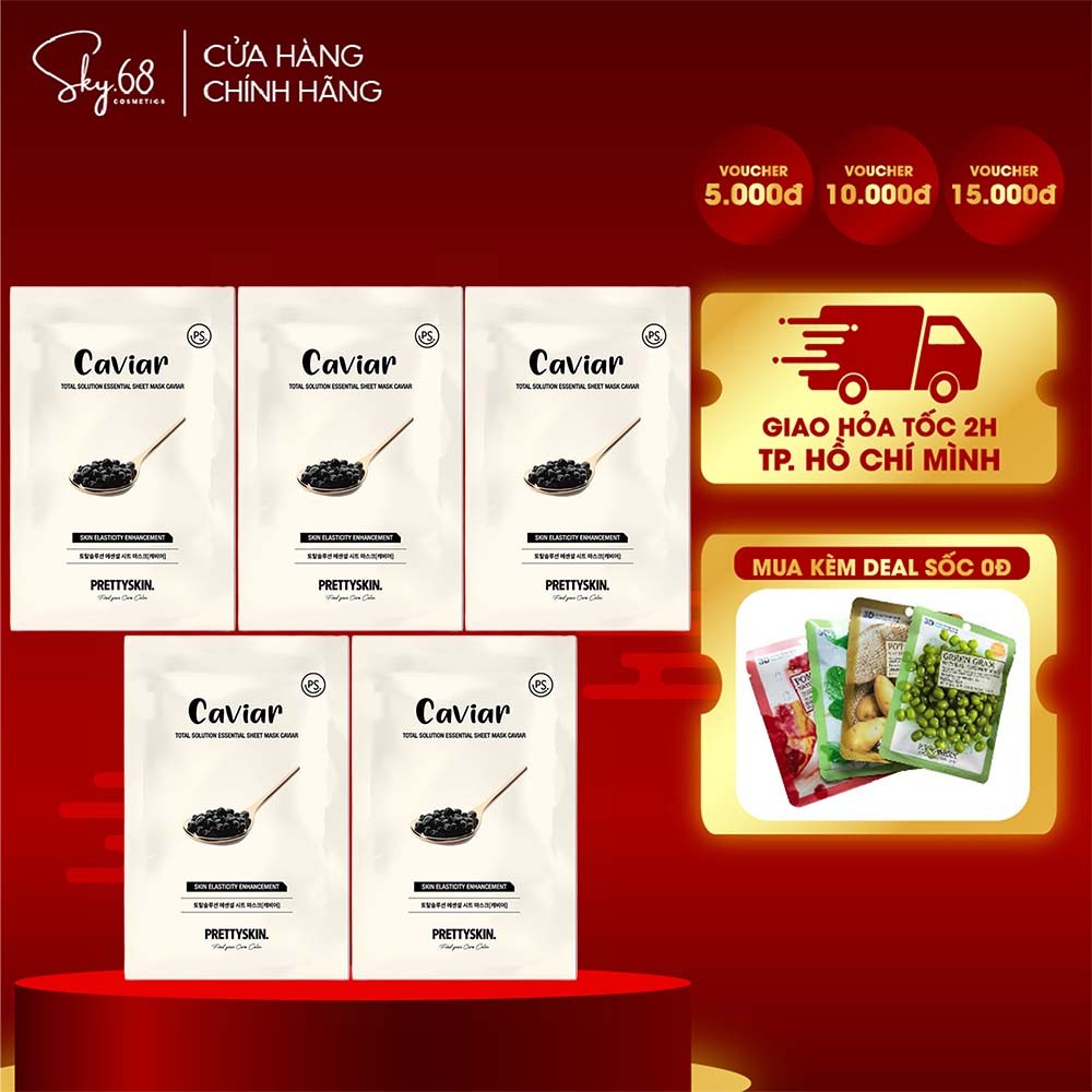 Combo5 Mặt Nạ Trứng Cá Tầm Chống Lão Hóa Prettyskin Total Solution Essential Sheet Mask 23ml x5 - CAVIAR