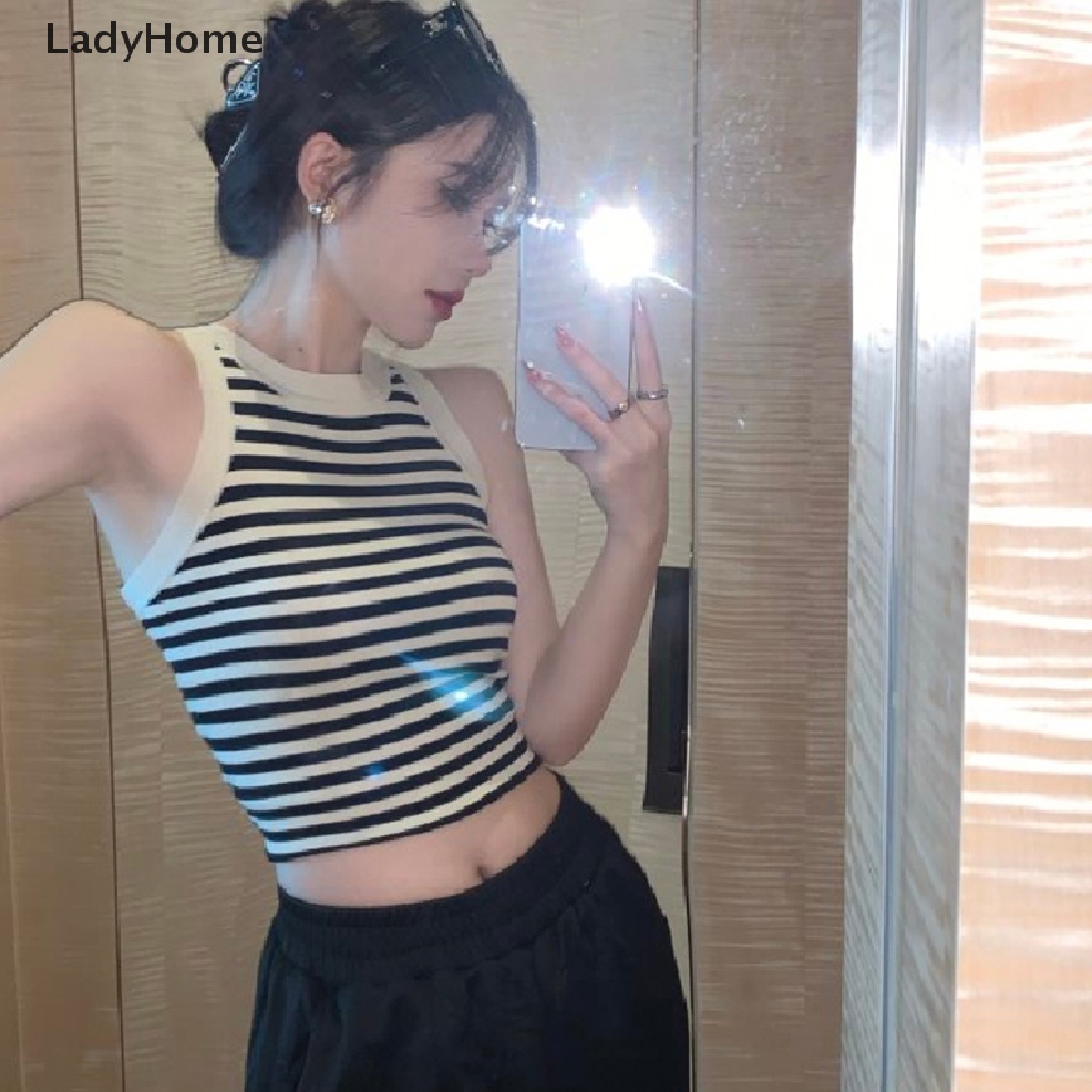 Áo Croptop Dệt Kim Không Tay Cổ Tròn Họa Tiết Kẻ Sọc Thời Trang Mùa Hè Cho Nữ