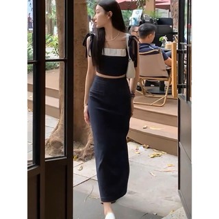 Set jeans áo crop cột nơ vai + chân váy midi