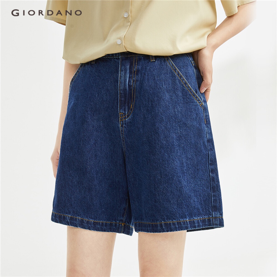 Quần short GIORDANO 18403706 denim lưng cao dáng rộng dành cho nữ