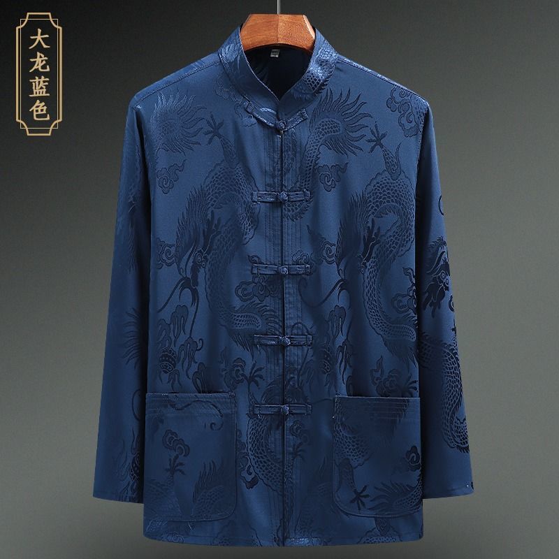 Áo Sơ Mi Tay Dài Cổ Đứng Form Rộng Phối Túi Phong Cách Retro Trung Hoa Cho Nam