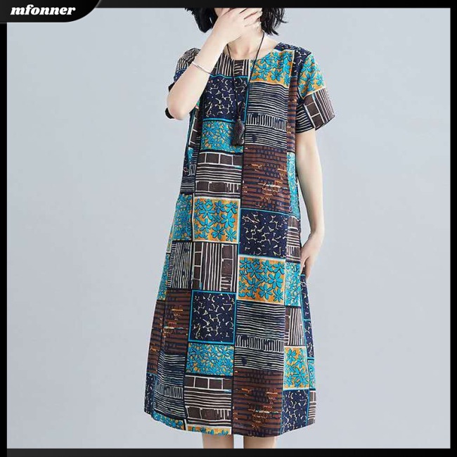 Đầm Midi Tay Ngắn Dáng Rộng Cổ Tròn Plus Size Thời Trang Mùa Hè Cho Nữ