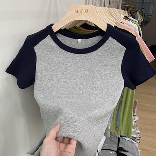 Áo thun nữ ngắn tay dáng ôm, Áo phông nữ chất cotton gân mát mẻ, Tay áo phối màu trẻ trung, Hàng QC cao cấp