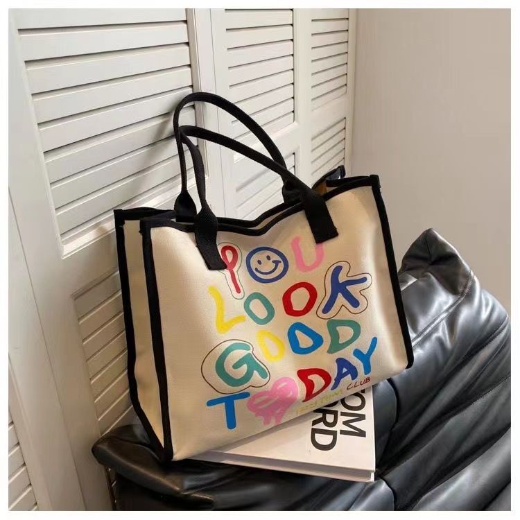 Túi Tote Vải Canvas Cỡ Lớn In Họa Tiết Mặt Cười Thời Trang 2023 Cho Nữ