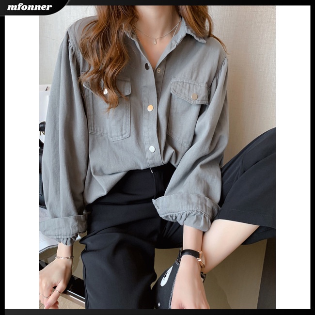 Áo Sơ Mi Denim Tay Dài Dáng Rộng Màu Sắc Đơn Giản Cho Nữ