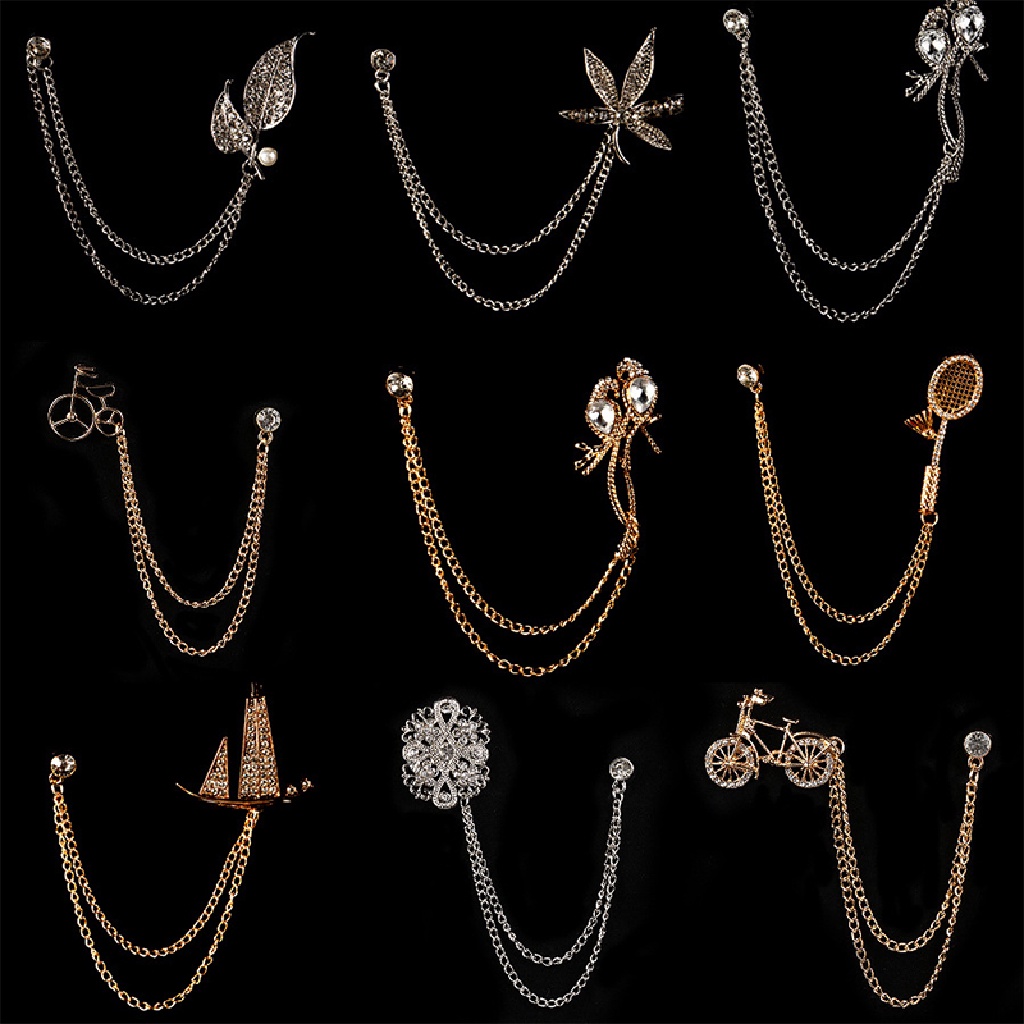 < Cardflower > Ghim Cài Áo Hình Chiếc Lá Phối Dây Xích Tua Rua Pha Lê Cho Nam Và Nữ