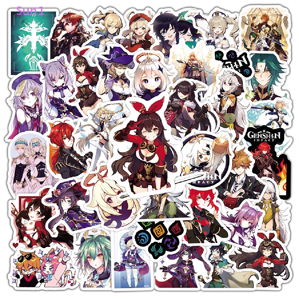 Set 50 Sticker Dán Trang Trí Laptop / Ván Trượt / Guitar / Va Li Hình Anime Genshin Va Chạm Sun1 >