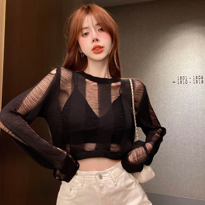 New design sense niche knitwear hole hollow long sleeve sun-proof blouse ice silk knitted base girl's top pure sweet hot girl sexy perspective T-shirt