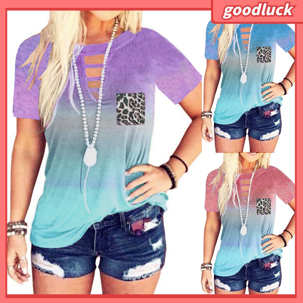 Áo Thun Ngắn Tay Cổ Tròn Màu Gradient Thời Trang Cho Nữ