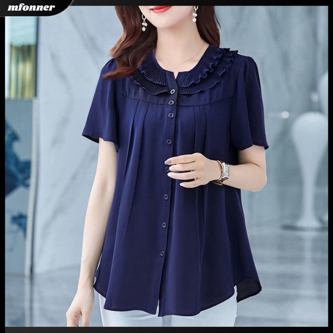 Áo Sơ Mi Chiffon Tay Ngắn Dáng Rộng Màu Sắc Đơn Giản Thanh Lịch Dành Cho Nữ Có Size Lớn
