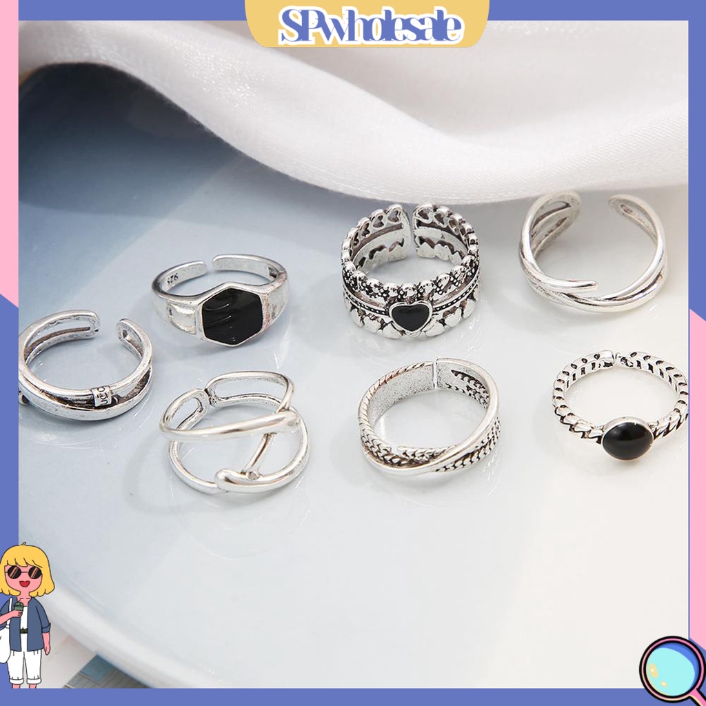 <SPwholesale> Bộ 7 Nhẫn Mạ Điện Đính Đá Hình Trái Tim Thời Trang Cho Nữ