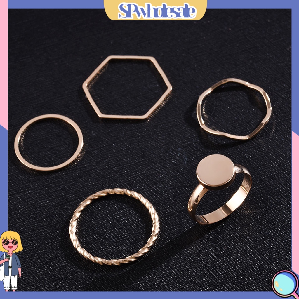 <SPwholesale> Bộ 5 Nhẫn Hợp Kim Mỏng Đính Đá Lấp Lánh Thời Trang Cho Nữ