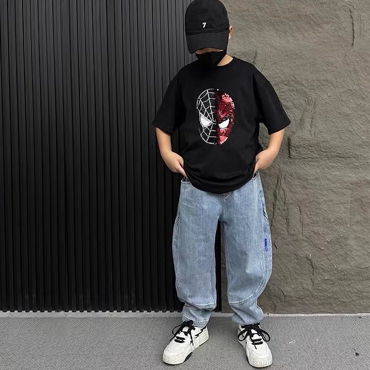 Áo Thun Cotton Cổ Tròn Ngắn Tay In Hoạt Hình Người Nhện Đính Kim Sa Thay Đổi Màu Sắc Thời Trang Unisex 2023