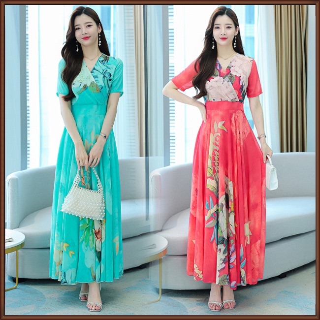 Đầm Dài Tay Ngắn Cổ Chữ V In Họa Tiết Thời Trang Dành Cho Nữ