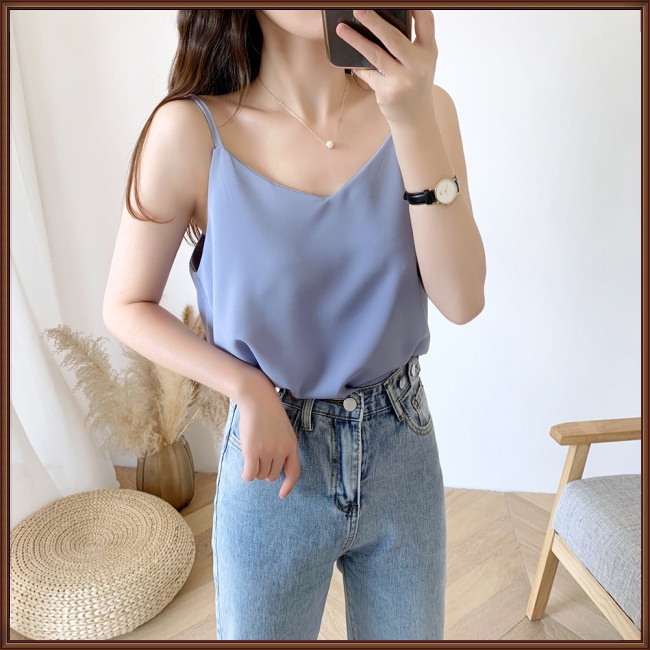 Áo Voan Hai Dây Cổ Chữ V Màu Trơn Thời Trang Dành Cho Nữ