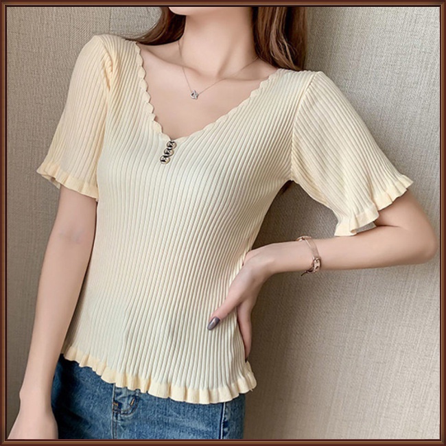 Áo Dệt Kim Tay Ngắn Cổ Chữ V Màu Sắc Đơn Giản Cho Nữ