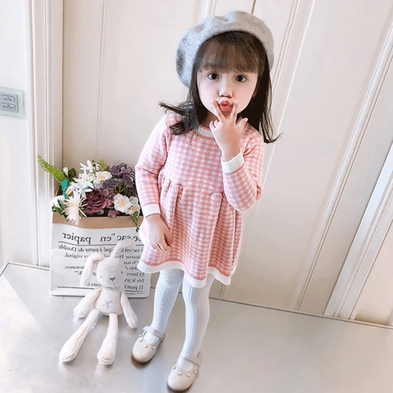 Đầm sweater Dệt Kim Tay Dài Kẻ Sọc Thời Trang Mùa Thu Cho Bé Gái