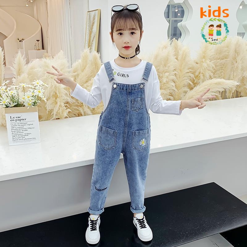 Set Áo Thun Tay Dài + Quần Yếm Denim Thời Trang Xuân Thu Mới Cho Bé Gái 3-5 - 8-10 - 12-13 Tuổi