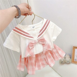 Set áo thủy thủ ngắn tay + chân váy xếp ly thời trang mùa hè mới cho bé gái