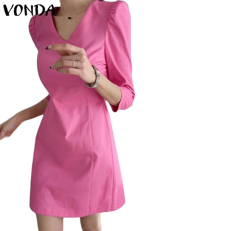 Đầm Ngắn Tay Phồng Cổ Chữ V 3 / 4 Màu Sắc Trơn Phong Cách Hàn Quốc Dành Cho Nữ