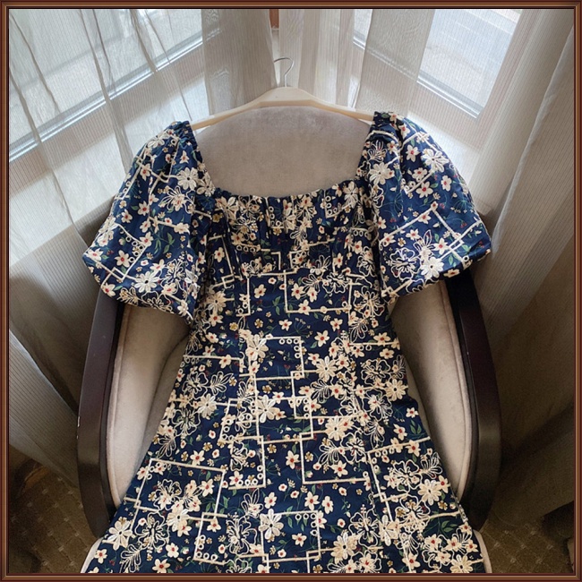 Đầm Dáng Chữ A Tay Phồng Cổ Vuông In Hoa Thời Trang Cho Nữ