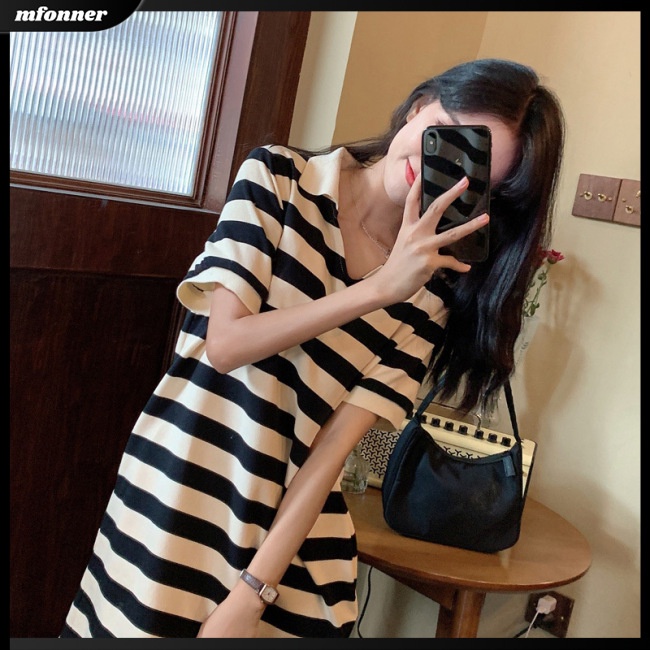 Đầm Thun Midi Cotton Pha Dáng Rộng Cổ Chữ V Tay Ngắn Họa Tiết Kẻ Sọc Cho Nữ