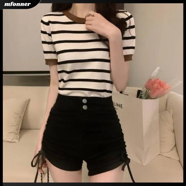 Áo Thun Tay Ngắn Cổ Tròn Họa Tiết Kẻ Sọc Nhiều Màu Sắc Thời Trang Mùa Hè Cho Nữ