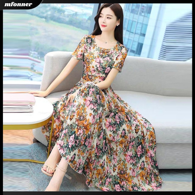 Đầm Hoa Tay Ngắn Cổ Tròn Thoáng Khí Thời Trang Xuân Hè Cho Nữ