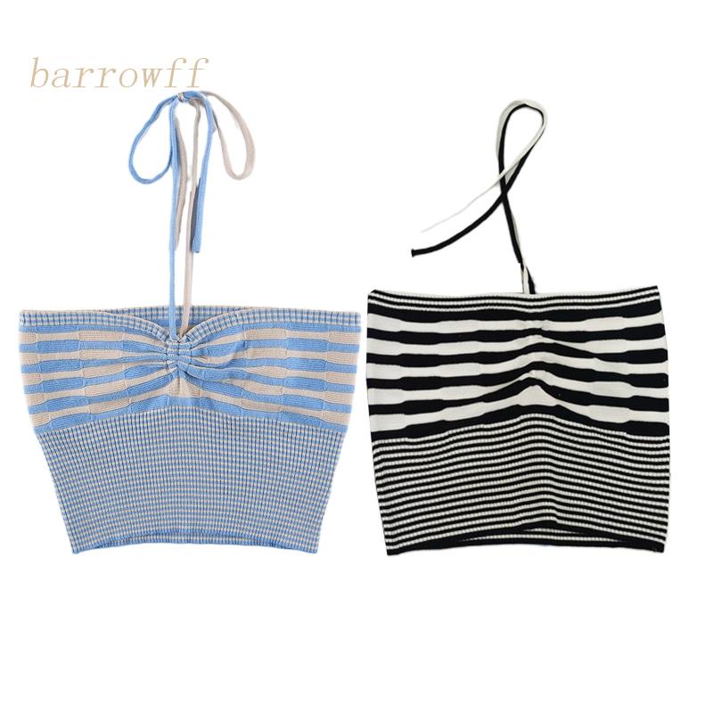 Áo Croptop Dệt Kim Trễ Vai Không Tay Họa Tiết Kẻ Sọc Mini Cổ Chữ V Gợi Cảm Cho Nữ