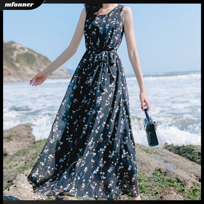 Đầm Dài Sát Nách Cổ Tròn Eo Co Giãn In Họa Tiết Hoa Cho Nữ