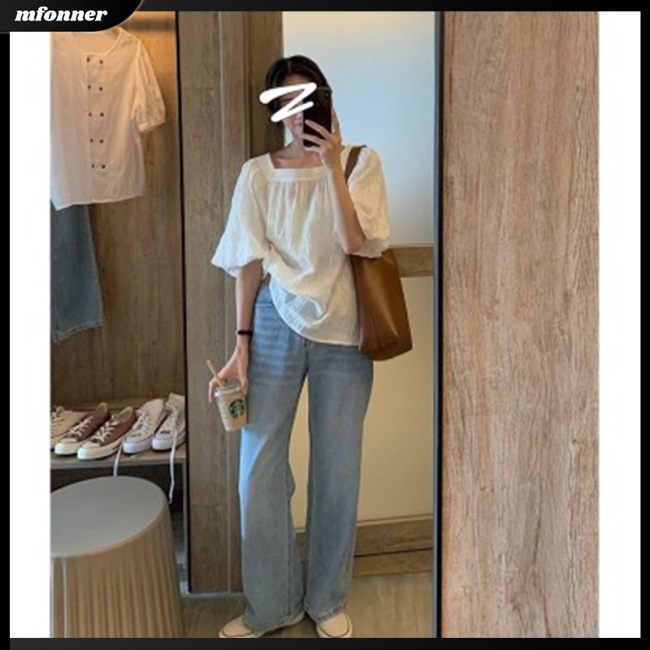 Áo Sơ Mi Tay Ngắn Phồng Cổ Vuông Màu Sắc Trơn Phong Cách Hàn Quốc Dành Cho Nữ