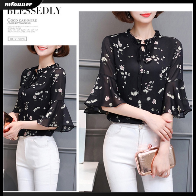 Áo Sơ Mi Chiffon Tay Lỡ Cổ Đứng Dáng Rộng In Họa Tiết Hoa Thanh Lịch Cho Nữ