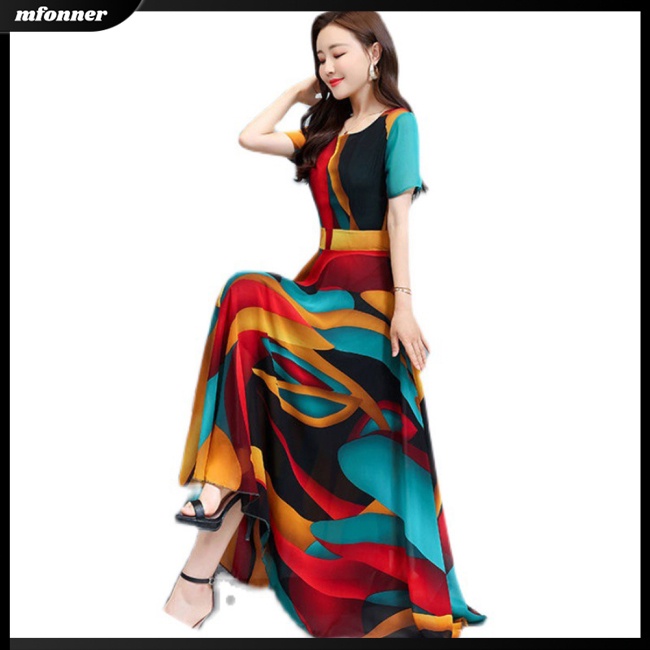 Đầm Lụa Tay Ngắn Dáng Xòe Rộng In Họa Tiết Thời Trang Mùa Hè Xinh Xắn Cho Nữ