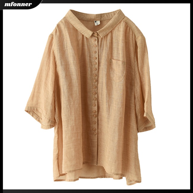 Áo Sơ Mi Cotton Lanh Tay Ngắn Màu Sắc Trơn Phong Cách Retro Dành Cho Nữ