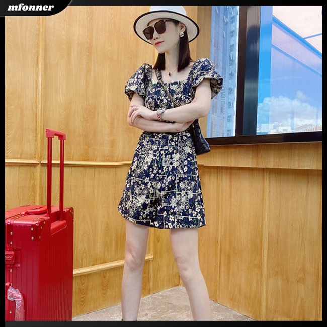 Áo liền quần Tay Ngắn Phồng Cổ Vuông Lưng Cao Dáng Chữ A In Hoa Thời Trang Ngọt Ngào Cho Nữ