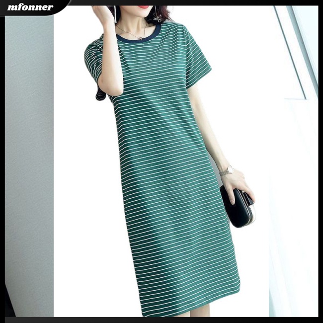 Đầm Thun Dáng Dài Qua Gối Tay Ngắn Cổ Tròn Họa Tiết Kẻ Sọc Thời Trang Cho Nữ