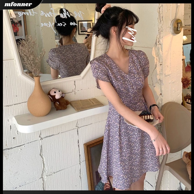 Đầm Tay Ngắn Cổ Chữ V Họa Tiết Hoa Thời Trang Mùa Hè Cho Nữ