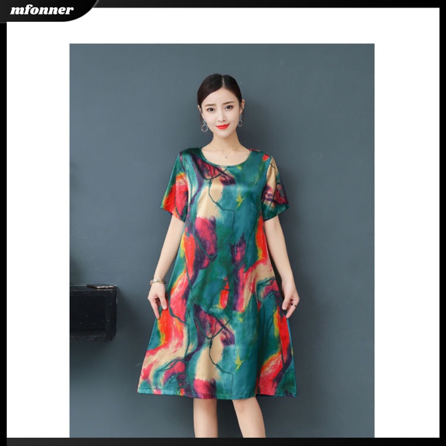 Đầm Chữ A Tay Ngắn Cổ Tròn Dáng Rộng In Họa Tiết Thời Trang Cho Nữ