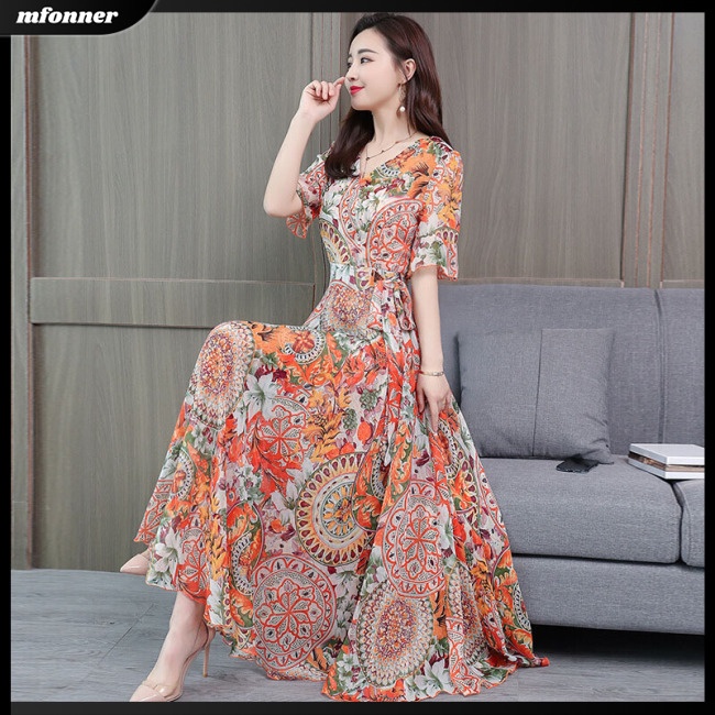 Đầm Tay Ngắn Dáng Chữ A In Họa Tiết Hoa Thời Trang Cho Nữ