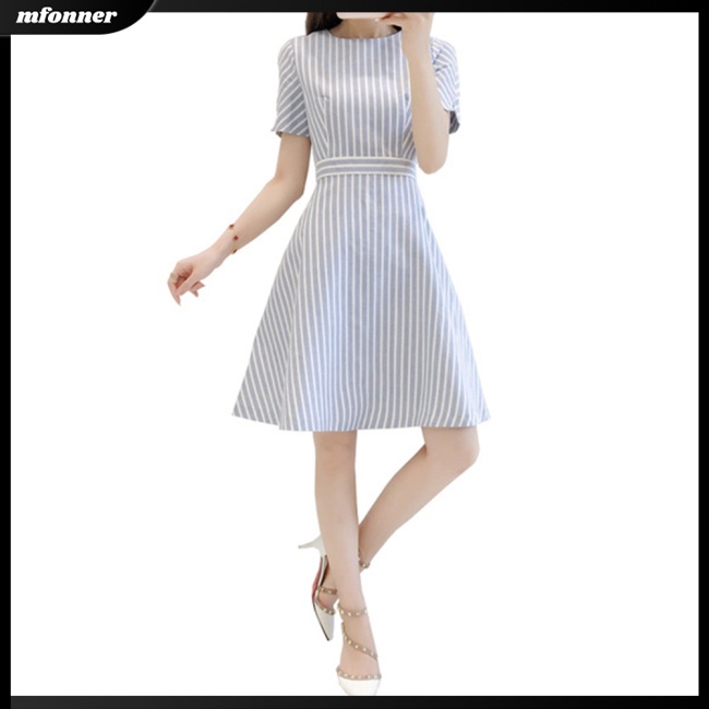 Đầm Chữ A Tay Ngắn Cổ Tròn Họa Tiết Kẻ Sọc Thời Trang Thanh Lịch Cho Nữ