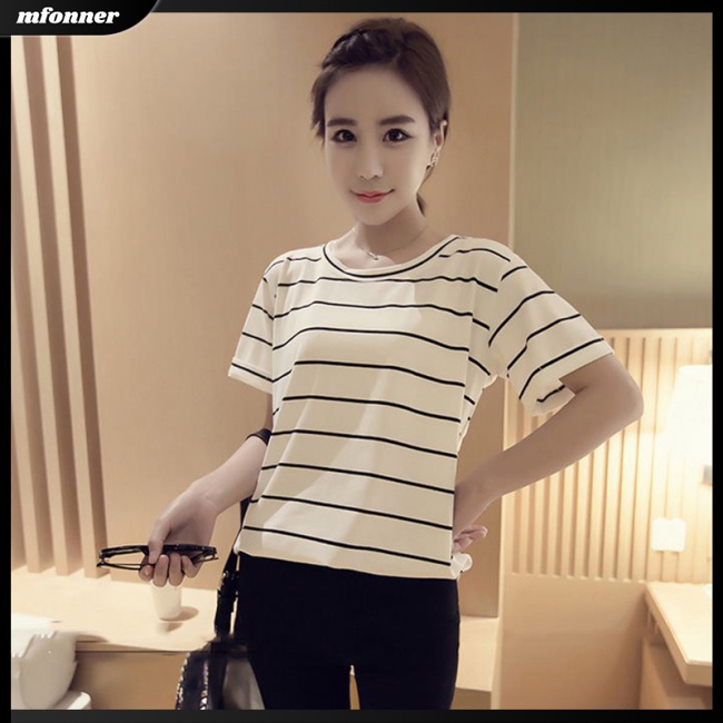 Áo Thun Tay Ngắn Dáng Rộng Họa Tiết Kẻ Sọc Thời Trang Cho Nữ