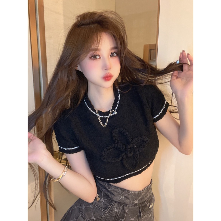 Áo Croptop Dệt Kim Tay Ngắn Cổ Tròn Dáng Ôm In Họa Tiết Thời Trang Mùa Hè Hàn Quốc Quyến Rũ Cho Nữ